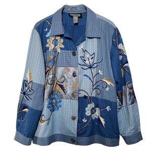 Indigo Moon Embroidered Floral Patchwork Jacket Boho Cottagecore Button Up Large
